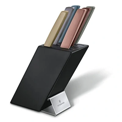 Imagen de Victorinox Swiss Modern Soporte para 6 cuchillos colores, incluyendo 5 de cocina y 1 tenedor, fabricado en madera