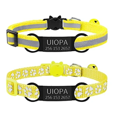 Imagen de Uiopa 2 Pzs Collar Gato con Chapa Perro Grabada, Antiahogo Cascabeles y Hebilla Seguro, Liberación Rápida Reflectante, Personalizado para Mascota (Amarillo)