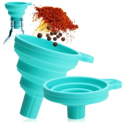 Imagen de COM FOUR® embudo plegable 2x ayuda para verter y transferir de silicona cuello llenado cocina hogar desviador suave (2 piezas plegable/azul)