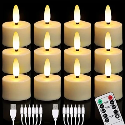 Imagen de FREEPOWER 12 Velas de Té LED Recargables con Mando a Distancia Temporizador Parpadeantes, Luz Blanca Cálida Regulable, Eléctricas Cable USB, Decoración para Navidad Halloween, 4 x 5.5cm