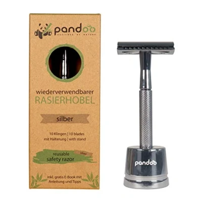 Imagen de pandoo Maquinilla de afeitar incl. soporte metálico, eBook y 10 hojas Zero Waste seguridad Hombres mujeres Peine cerrado Plata