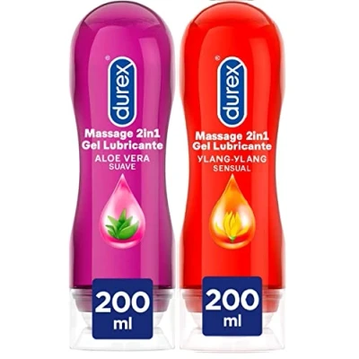 Imagen de Durex Lubricante Play Massage 2 en 1 Gel de Masaje Corporal Erótico y Estimulante Ylang Aloe Vera, x 200 ml Total : 400