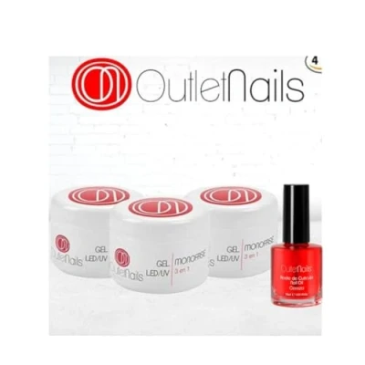 Imagen de Pack 3 Geles Trifasico UV/LED 50ml + Aceite de cutícula 15ml para Uñas OUTLET NAILS, transparente, Viscosidad media, Monophase Gel UV/LED/Monofasico