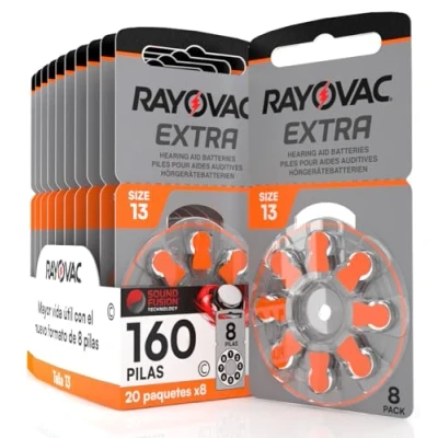 Imagen de 160 baterías para aparatos acústicos Rayovac Extra tamaño 13. 20 blísteres de 8 Pilas
