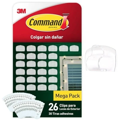 Imagen de Command Clips para Colgar Luces en Exteriores, 26 y 30 Tiras Adhesivas Decora Sin Dejar Marcas, Agujeros o Residuos Pegajosos