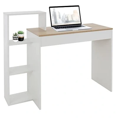 Imagen de ML Design Escritorio con Estantes Mesa de Trabajo para Oficina, Mesita Ordenador PC Blanco Tablero Roble Sonoma, 3 Baldas, 110x72x40 cm, Madera, Sistema 2 en 1, Hogar/Estudio Homeoffice