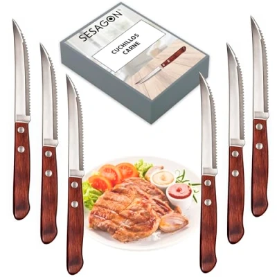 Imagen de cuchillos carne acero inoxidable madera set 6 piezas estilo tradicional mesa cuchillo de sierra chuletero chuleteros