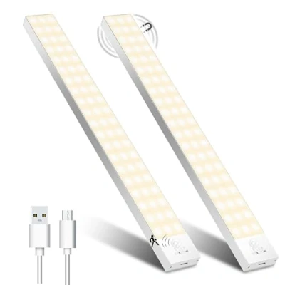 Imagen de OUILA Luz LED Armario con Sensor Movimiento 3000K 60 LEDs 4 Modos Adhesiva Magnética 1500mAh USB Recargable Nocturna para Cocina, Armario, Escaleras, Pasillo, Garaje 2 Packs
