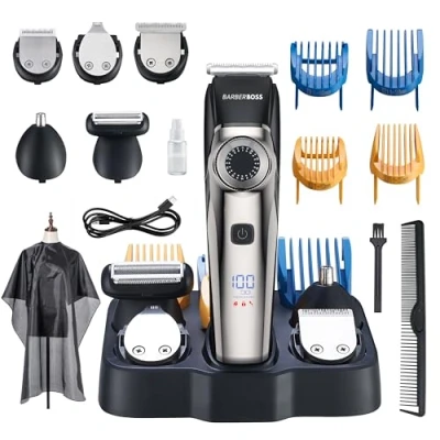 Imagen de BarberBoss Cortabarbas Profesional, Cortapelos para Hombre, Aseador de Orejas y Nariz, 39 Longitudes Corte, Múltiples Peines, Dial Precisión, Diseño Resistente al Agua, Pantalla LED, QR 6083