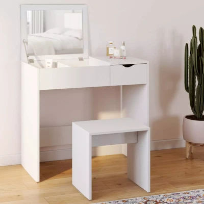 Imagen de IDMarket Zelia Tocador con espejo plegable 2 cajones y 1 taburete, Blanco