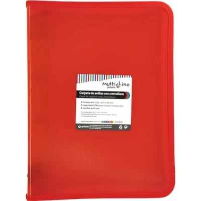 Imagen de Grafoplás Archivador Anillas con Cremallera A4+ Rojo Multiline 4 Mixtas 25mm Cubierta Polipropileno Rayado Vertical Capacidad Extra para Hojas de Papel Formato Folio