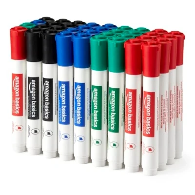 Imagen de Amazon Basics Rotuladores de punta cincelada, borrado en seco y poco olor para pizarra blanca, 4 colores surtidos, 36 unidades
