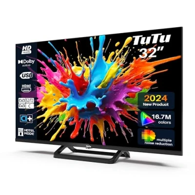 Imagen de TuTu Televisores 32 Pulgadas LED HD Sin Marco TV con Sintonizador Digital DVB T/T2 C S/S2, HDMI, USB Grabador Reproductor, Modo Hotel, Peana Central (TUB32HN1NC, 2024)