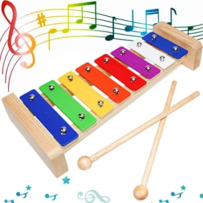 Imagen de Xilófono Instrumentos Musicales para Niños Madera Xilofono Escolar Infantil Bebe Percusion Carrillon Cromatico Glockenspiel con Baquetas Metalofono Instrumento Musical (8 Tonos)