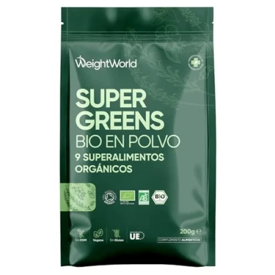 Imagen de Super Greens en Polvo 200gr 9 Superalimentos Ricos Fibra, Vitaminas y Minerales: Té Matcha, Maca Polvo, Bayas de Acai, Chlorella Ecológica, Hierba Cebada, Trigo, Lino, Guaraná, Baobab