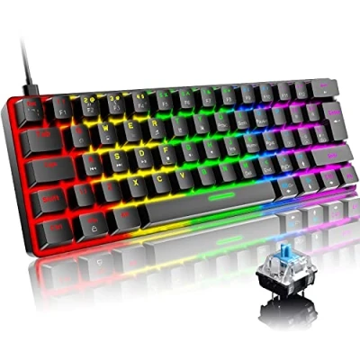 Imagen de Mini 60% Teclado Mecánico para Juegos,Compacto 62 Teclas,Cable USB C Desmontable,18 Chroma Retroiluminación RGB,QWERTY Layout,Interruptor Azul, Anti Fantasma Computadora/PC/Laptop/Mac Negro
