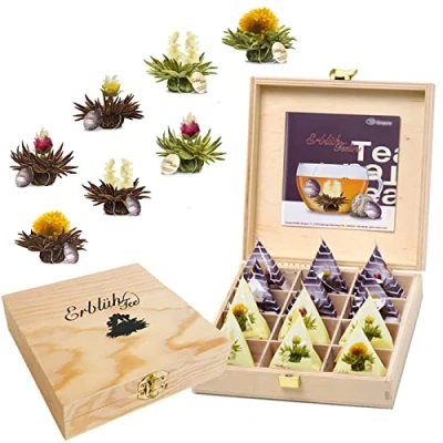 Imagen de Creano Flores de Té en Tamaño Taza, &quot;Florecitas té&quot; Juego Regalo una Caja Madera, 12 4 Tipos Diferentes Blanco y Negro