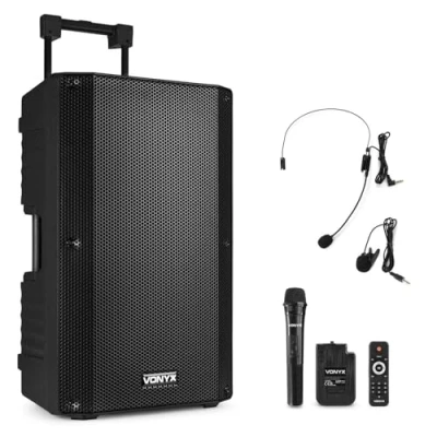 Imagen de Vonyx VSA700 BP Altavoz portatil 15 Pulgadas y 1000w con batería, 3 micrófonos inalámbricos, Bluetooth 5.0, MP3, Amplificador Incorporado, Ideal presentaciones, conferencias, músicos, DJ, Fiestas