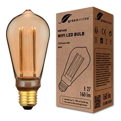 Imagen de greenandco® Bombilla LED inteligente WiFi con app (no requiere hub) Vintage E27 ST64, 3,8W 160lm 1800K 320 230V, sin parpadeo, regulable, compatible Alexa y Google Assistant