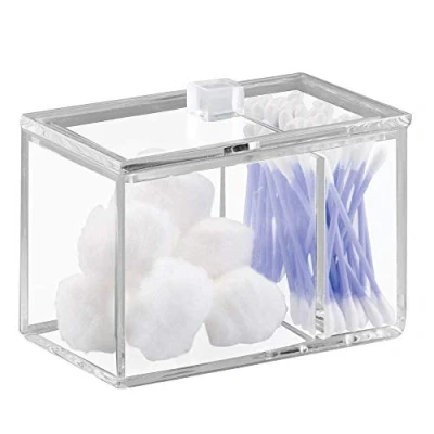 Imagen de iDesign Caja de almacenaje con tapa, resistente dispensador algodón y bastoncillos en plástico, bote algodonero para baño dos compartimentos, transparente