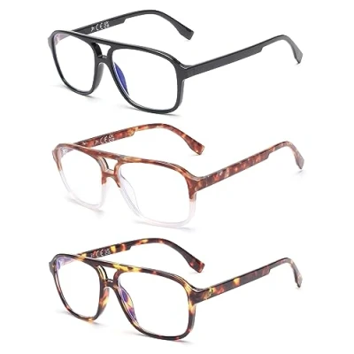 Imagen de JM 3 Pack Clásicas Gafas de Lectura para Mujer Hombre, Piloto Cuadrado con Bloqueo Luz Azul +2.5