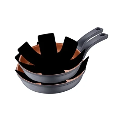 Imagen de San Ignacio Juego de Sartenes Antiadherentes Set 3 Piezas 24 y 28 cm 2 Protectores Fabricadas con Aluminio Fundido Sin Tóxicos Para Inducción Todo Tipo Cocinas Bronce