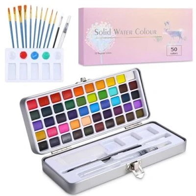 Imagen de SinLaw 50 Colores Acuarelas Profesionales,Acuarelas para Niños,Set de Acuarela con 11 Pinceles,1 Paleta,1 Esponja,Kit Perfecto Pincel Agua Niños y Profesionales