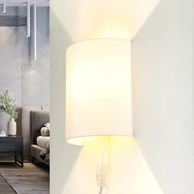 Imagen de aplique con enchufe e interruptor, tela, blanco, cable, arriba abajo, indirecto, E27, H:23 cm, dormitorio, interior, poco deslumbrante, acogedor
