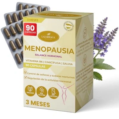 Imagen de Lazarraga Tratamiento para la Menopausia Control de sofocos Vegano 90 cápsulas con vitamina B6, Cimicífuga, Salvia sin soja ni conservantes Suministro 3 Meses