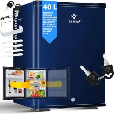 Imagen de KESSER® Mini nevera con cerradura y llave, minibar 40 litros de capacidad útil, Frigorífico 22dB, cambio sentido apertura puerta, 4 16C altura 57cm, iluminación Refrigerador, Azul marino