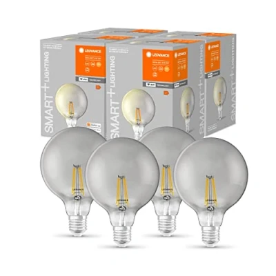 Imagen de LEDVANCE Bombilla LED inteligente con tecnología Wifi, E27, regulable, blanco cálido, forma de globo, filamento transparente en cristal ahumado, controlable Alexa, Google, App, paquete 4