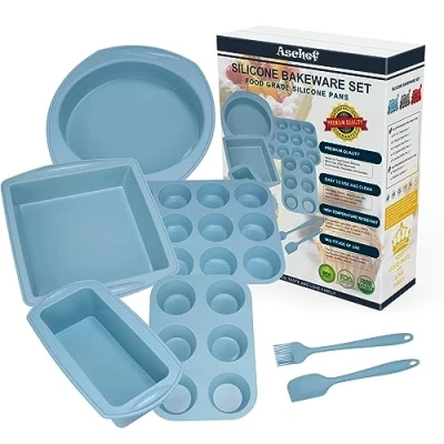 Imagen de Aschef 7en1 Moldes Silicona Bandeja Horno Redondo Rectangular Cuadrado Resistente al Calor y Antiadherente con Espatula Reposteria Cucharas Molde para Pan Tostado Magdalenas Cupcakes Quiche