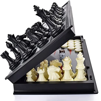 Imagen de OkidSTEM 3 en 1 Magnético Ajedrez/Backgammon/Damas, Juego de Viaje con Tablero Plegable