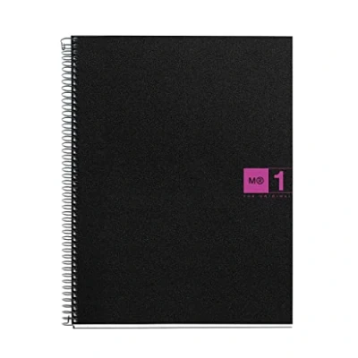 Imagen de Miquelrius Cuaderno Notebook The Original, Tamaño A4, 80 Hojas de 70 g/m² y 1 Franja Color, Rayado Cuadrícula 5 mm, 4 Taladros, Cubierta Polipropileno, Color Negro/Fucsia