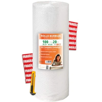 Imagen de OFITURIA Papel burbujas Embalaje 100cm x 20m kit completo con Cutter + 12 Etiquetas FRÁGIL para mudanza, embalaje, plástico de