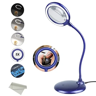 Imagen de Lámpara Recargable de 5 aumentos Regulables, Manos Libres, Lupa con luz y Soporte, lupas 28 Luces LED para Personas Mayores, Baja visión, aficiones, Manualidades