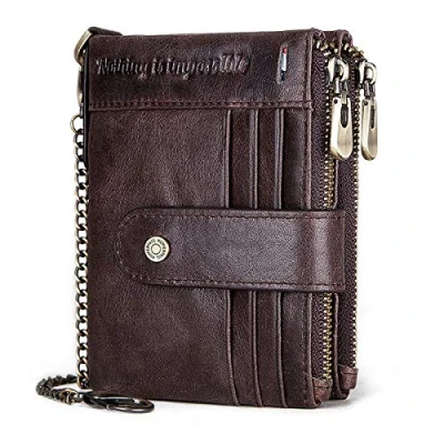 Imagen de REETEE Carteras para Hombre Billetera de Piel con RFID Bloqueo Billeteras y Monedero Cremallera, Pequeño19 Ranuras Tarjetas Cartera Cadena (café)