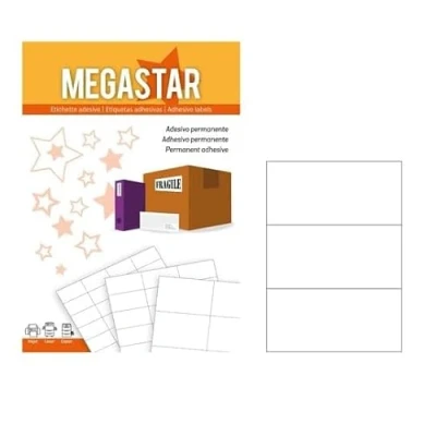 Imagen de MEGASTAR LP4MS 21099 etiquetas autoadhesivas blancas de 210 x 99 mm, multiuso y multifunción, 3 por hoja, 100 hojas paquete