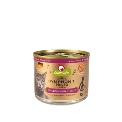 Imagen de GranataPet Symphonie No. 10 Jabalí y Pato, 6 x 200 g, Comida para Gatos sin Cereales ni azúcares, Filete en gelatina Natural, Delicado alimento húmedo