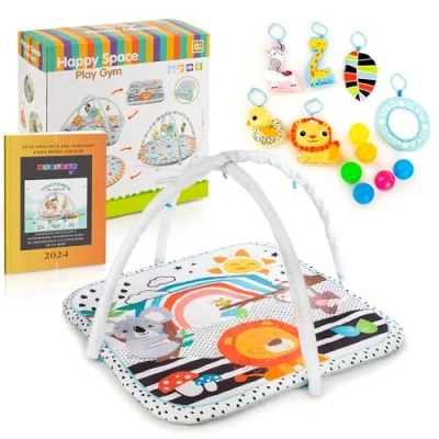 Imagen de Pack Gimnasio bebe 0 6 meses, tapete de actividades con 5 juguetes, un espejo, bolas colores, Guía Práctica Digital, manta arco para bebé, alfombra juegos