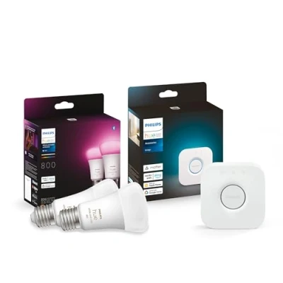 Imagen de Philips Hue Pack de 2 Bombillas Inteligentes E27, Luz Blanca y Colores, 800 Lumens Bridge, Compatible con Alexa Google Home