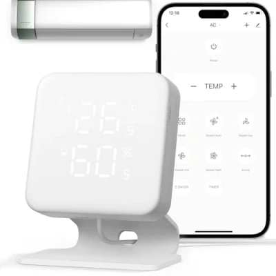 Imagen de WOOX Controlador Inteligente Universal para Aire Acondicionado y Bomba de Calor, Wi Fi Termostato Domótico, Termómetro e Higrómetro, Mando a Distancia IR, Compatible con Alexa Google