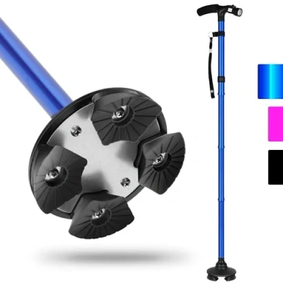 Imagen de Bastón Plegable con luz LED, Altura Ajustable fiable, Ligero, Plegable, Mango en T y Base pivotante(Blau ...)