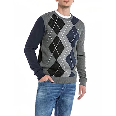 Imagen de REPLAY Uk2513 Suéter, 010 Jacquard Grey Mel/Black/Whithe, M para Hombre