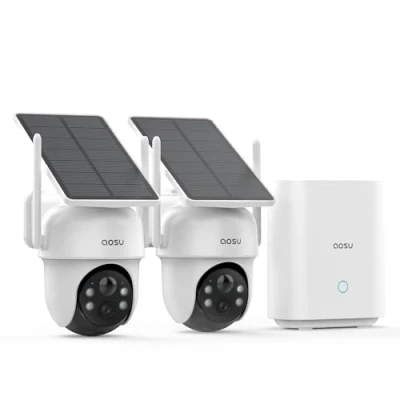 Imagen de AOSU 2K Camara de Vigilancia Solar WiFi Exterior, 2 Kit Cámaras con Homebase, Sin Suscripción, 3MP Camaras Cables Panel Solar, 360 PTZ, Seguimiento Automático, Audio Bidireccional