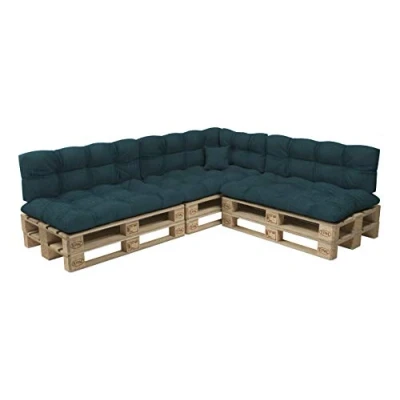 Imagen de POKAR Juego de Cojines aconchadas 8 Piezas para Europalés: 3X Asiento 120x80cm +3X Respaldo 120x40cm + 1x 60x40cm Lateral cojín Decorativo 40x40cm, sofá paletas, sin palés, Verde Oscuro
