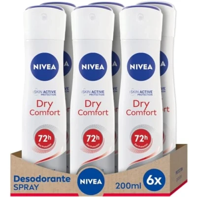 Imagen de NIVEA Dry Comfort spray en pack de 6 (6 x 200 ml), desodorante antitranspirante con protección 72 horas, cuidado femenino testado la vida real