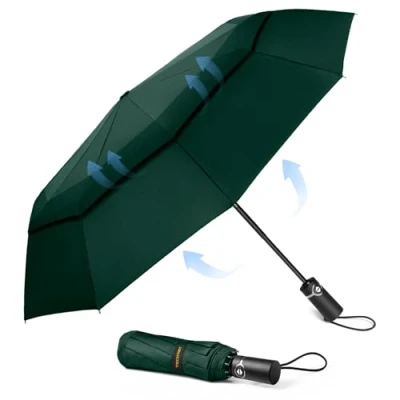 Imagen de TECKNET Paraguas Plegable, Antiviento Sombrilla con Doble Cubierta para Hombres, Automático Abierto y Cierre, Ligero Portátil, Viaje Grandes Umbrella de 10 Varillas, Verde