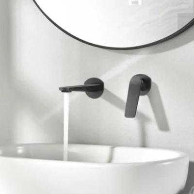 Imagen de IMEX Grifo Monomando Lavabo Empotrado Baño Mezclador Agua Fria y Caliente sobre Encimera Ahorro de Serie Nápoles Color Negro Mate