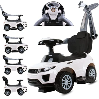 Imagen de Coche para niños 4en1 tobogán a Partir de 2 años y empujador con claxon música, Espacio Guardar Cosas Debajo del Asiento (Blanco)